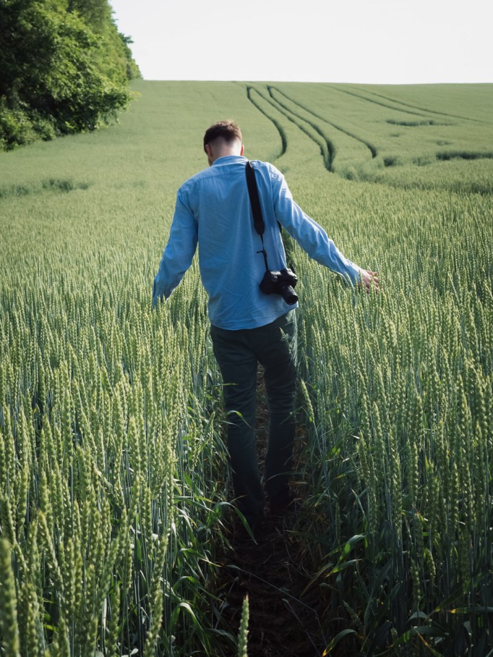 Vertical wide angle point of view shot of a young man with a DSLR camera on his shoulder walking through a green field